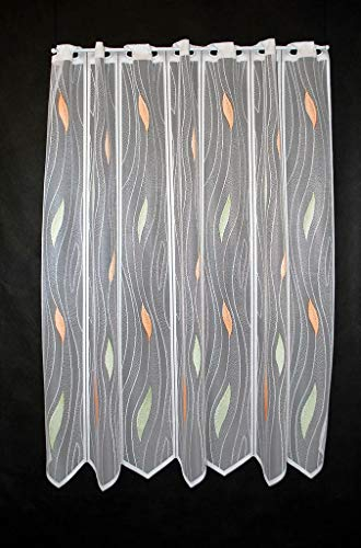 Scheibengardine Tropfenmuster 100 cm hoch weiß mit pastellgrün/pastellorange - Wunschbreite frei wählbar durch gekaufte Menge in 14 cm Schritten - Meterware
