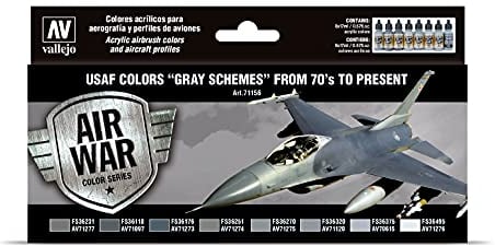 Vallejo Model Color Set de Pintura Acrílica USAF Colors Grey Schemes. Kit de 16 Colores de Acabado Mate para Aerógrafo en Botellas de 18 Ml para Pintar Esquemas Grises de los Aviones de la USAF