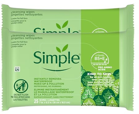 Simple Kind to Skin Facial Wipes Cleansing 25 ct (Pack of 2) | Makeup Remover Wipes for Sensitive Skin, 50 Count