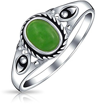 Bling Jewelry Petite Cabochon Boho Mode Bali Stil Oval Gefärbter Grüner Jade Fassung Filigran Band Ring Für Frauen .925 Sterlingsilber August Geburtsstein