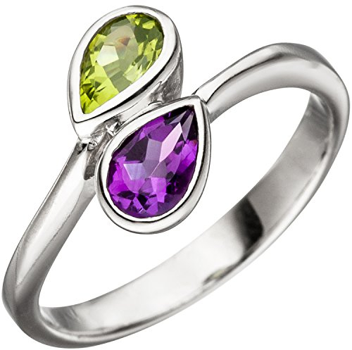 Jobo Damen Ring 925 Sterling Silber 1 Amethyst lila violett 1 Peridot grün Silberring Größe 52