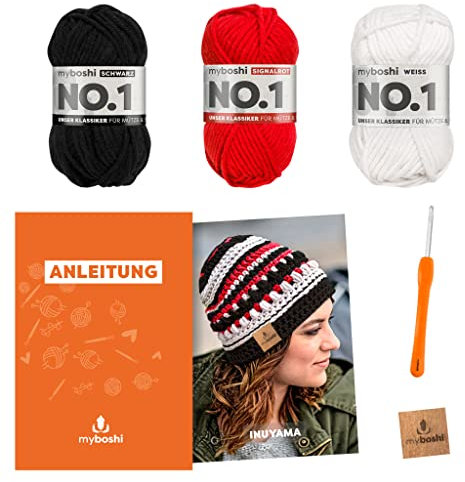 myboshi Häkelset Mütze Inuyama, inkl. No.1 Wolle, Nadel und Anleitung, für Mützen und Schals, Häkelpaket, 30% Merinowolle Schwarz, Rot mit Häkelnadel