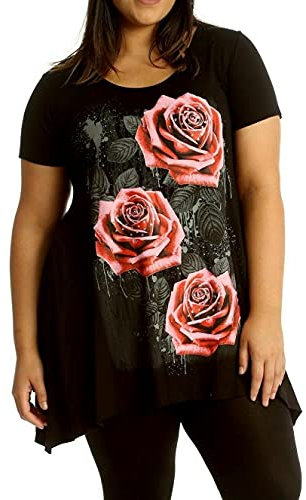 Nouveaux Womens Plus Taille Uneven Ourlet Mouchoir Top T-Shirt manches courtes Femmes Motif Fleur Rose Tunique Jersey - Noir, Femme, EU 50-52