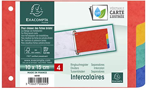 Exacompta 604E Karton-Register für DIN A6 aus starkem Colorspankarton 4-teilig 10 x 15 cm vollfarbig 4 Farben für Karteikarten Trennblätter Trennstreifen