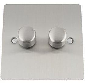Light Dimmer Switch 2 Gang 2 Way 10 Amp - 400W - Satin Matt Chrome - Flat