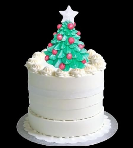 Large Beautiful Edible Sugar Christmas Tree with Pearl White Star & red Berries; Lustre & Glitter finish; 3D Stand-up Handmade Christmas Cake Topper/Decoration 10cmx6cm