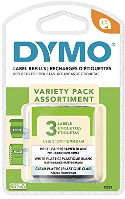 DYMO LetraTag Labeling Tape for LetraTag Label Makers, Black Print on White Paper, White Plastic and Clear Plastic Tapes, 1/2'' W x 13' L, 3 Rolls (12331)