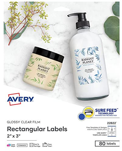 Avery Bedruckbare rechteckige Etiketten, 5,1 x 7,6 cm, glänzend, kristallklar, 80 anpassbare Etiketten (22822)