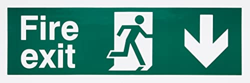 UK Safety Store Fire Exit Arrow Down Sign 300mm x 100mm - Self Adhesive,white|green|blue