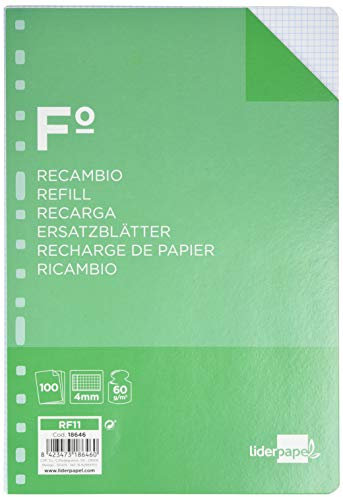 Recambio liderpapel a4 100 hojas 60g/m2 cuadro 4 mm con margen 16 taladros