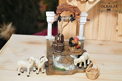 Krippenbeleuchtung Krippendeko - Krippendeko mit Licht, Brunnen ca. 13 cm, mit 4 Tieren (Schafe, Hühner) groß, LED-Brunnenlicht + EIN-AUS-Schalter und Lämpchen + Körbchen / Holzkorb, ÖLBAUM Original-Krippenbeleuchtung für Weihnachtskrippe, historische Ausführung, beleuchtet
