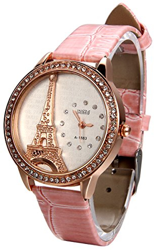 JewelryWe Damen Armbanduhr, Analog Quarz, Exquisite Leder Armband Uhr mit Strass Eiffelturm Zifferblatt, Pink