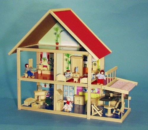 GROßES PUPPENHAUS mit Balkon, Markise, Terasse und abnehmbarem Dach, Puppen und Möbel