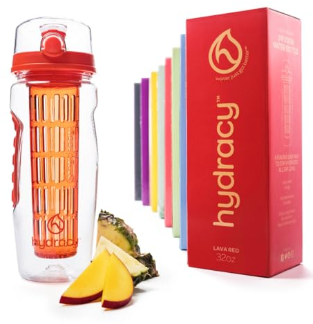 Hydracy Bouteille à Infusion de Fruits avec Etui Long Infuseur et Indicateur de Temps - Grande capacité 1Litre - Sans bisphénol A - Votre Hydratation Santé avec du Goût! Rouge Lave