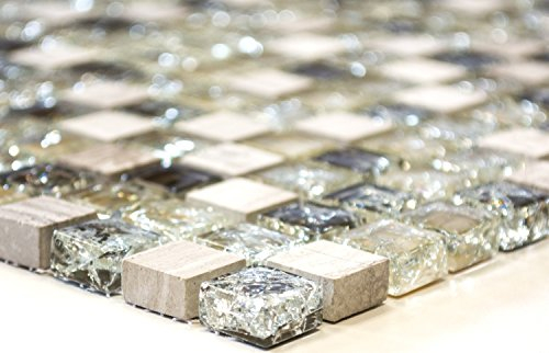Mosaik-Netzwerk Carreaux de mosaïque carrés en cristal et pierre mélangée gris-vert transparent 3D - Dimensions : 15 x 15 x 8 mm - Dimensions de la feuille : 305 x 305 mm - 1 feuille / mat