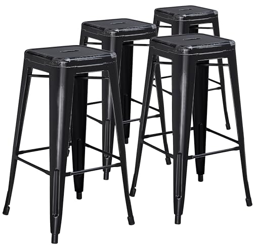 Flash Furniture Barhocker, kommerzielle Qualität, 76 cm hoch, ohne Rückenlehne, Metall mit Distressed-Optik, für Innen- und Außenbereich, Eisen, Kunststoff, schwarz, 4 Stück