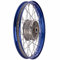 Speichenrad 1,50x16 Zoll Alufelge, blau eloxiert und poliert + Edelstahlspeichen (Radnabe: Graugussbremsring, abgedrehte Flanken)