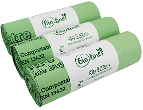 80 Litre x 60 bags All-Green brand Bioliner Compostable Kitchen Bin Liners - Food Waste Bin Liners - EN 13432-80L Swing-Bin Bags with Composting Guide