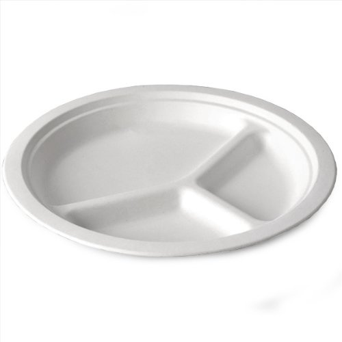 Dispo Bagasse 3 Compartment Round Plates 10inch - Set of 500 - Sugarcane Disposable Plates