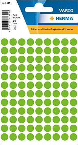 HERMA 1845 Punktaufkleber Klebepunkte hellgrün, 540 Stück, Ø 8 mm, 108 pro Bogen, selbstklebend, Markierungspunkte für Kalender Planer Basteln, matt, blanko Papier Farbpunkte Etiketten Aufkleber