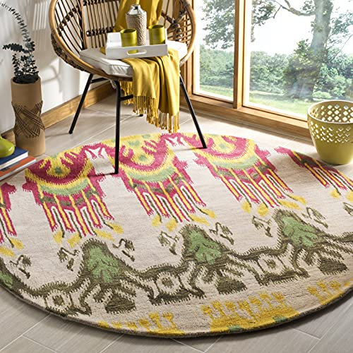 SAFAVIEH Ikat Collection Area Rug - 6' Round, Beige & Yellow, Handmade Wool, Ideal for High Traffic Areas in Living Room, Bedroom (IKT464A)