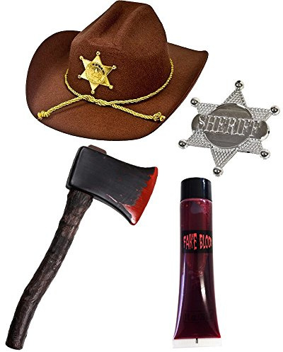 ZOMBIE HUNTER FANCY DRESS ACCESSORY SET COSTUME HALLOWEEN SHERIFF HAT WITH GOLD BADGE & ROPE DETAIL + AXE WITH BROWN HANDLE + TUBE OF BLOOD + SILVER SHERIFF BADGE HORROR CHARACTER DEAD SET