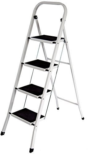 Home Vida 4 Step Ladder - Heavy Duty Steel Folding Ladder with Slip-Resistant and Wide Steps, Folding Mechanism, 150kg Max Load, Home/Kitchen/DIY/Garden Use, White