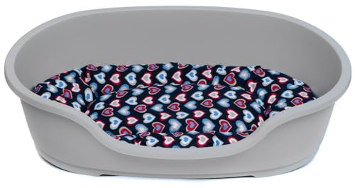 Hundekorb 48 cm - 125 cm mit Kissen / 58 cm Korb warmgrau - Herzen blau