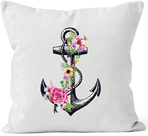 Autiga Kissenbezug Blumen Anker Flower Anchor Watercolor 40x40 Baumwolle Kissen-Hülle Deko-Kissen weiß 40cm x 40cm