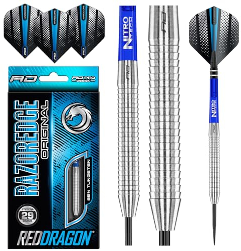 RED DRAGON Darts - Razor Edge Original Series 28g - 85% Wolfram – Professionelles Metallspitze Dart-Set mit Dart-Flüge und -Schäften
