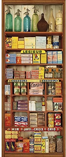 Sticker mural vintage 204 cm X 83 cm - Étagère en bois, bocaux et emballages anciens - Décoration épicerie ancienne pour porte