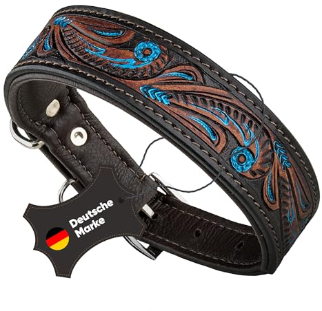 MICHUR Luis Hundehalsband Leder, Lederhalsband Hund, Halsband, Braun mit blauen Akzenten und schönem Stanzmuster, Leder, in verschiedenen Größen erhältlich, Halsumfang 51-58,5cm (Gesamtlänge 65cm)
