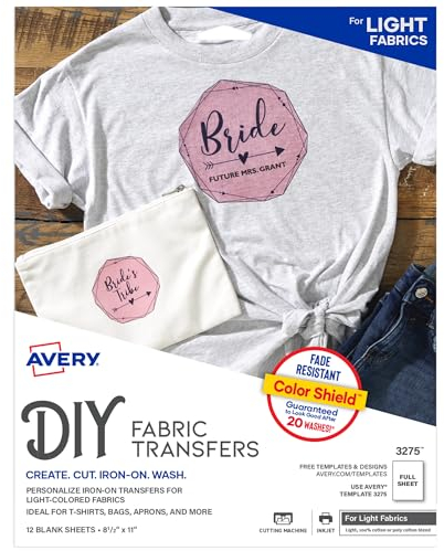 Avery Bedruckbare T-Shirt-Transfers, für den Einsatz auf hellen Stoffen, Tintenstrahldruckern, 12 Papiertransferdruckern (3275)