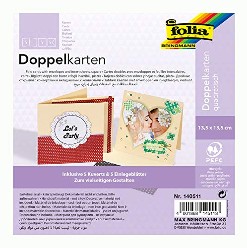 folia 140511 - Doppelkarten ca. 13,5 x 13,5 cm, je 5 Karten (220 g/qm), Kuverts und Einlagen, strohgelb - ideal für Einladungen, Glückwunsch- oder Grußkarten