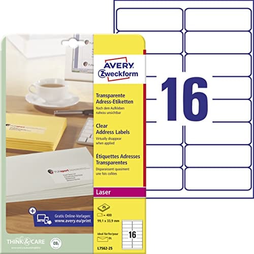 AVERY Zweckform L7562-25 Adressetiketten/Adressaufkleber (400 Etiketten, 99,1x33,9mm auf A4, bedruckbar, selbstklebend, für DIN C6 Briefkuverts, durchsichtige Polyesterfolie) 25 Blatt, transparent