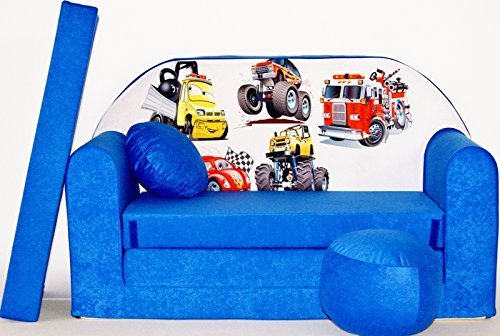 Pro Cosmo umwandelbares Kindersofa – perfekt zum Spielen und Schlafen – mit Abnehmbarer Matratze, Kissen und Pouf – 98x168x59 cm – leicht und einfach zusammenklappbar - C14 Blau - LKWs