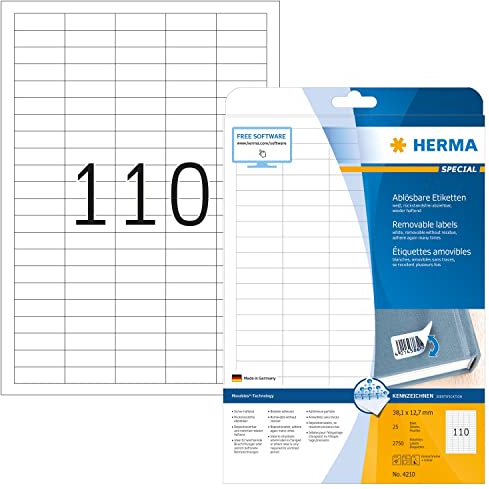 HERMA 4210 Universal Etiketten ablösbar, 25 Blatt, 38,1 x 12,7 mm, 110 pro A4 Bogen, 2750 Stück, selbstklebend, bedruckbar, matt, blanko Papier Klebeetiketten Aufkleber, weiß