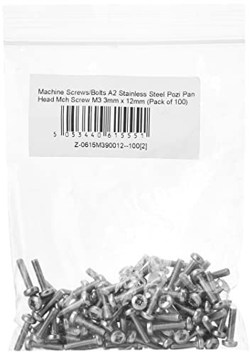 Machine Screws/Bolts A2 Stainless Steel Pozi Pan Head Mch Screw M3 3mm x 12mm (Pack of 100)