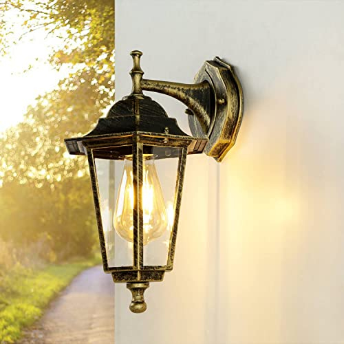 Wandaußenleuchte Glas Aluminium in Gold Antik IP44 Haus Balkon H:36 cm E27 nostalgische Laterne Rustikale Wandlaterne Hof PARIS
