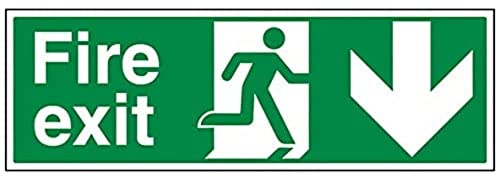 V Safety Fire Exit Arrow Down Sign - Landscape - 600mm x 200mm - 1mm Rigid Plastic