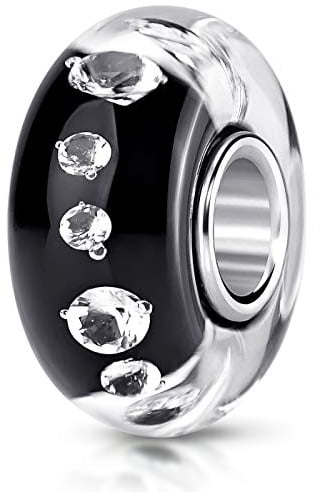 MATERIA by Matthias Wagner Charms en verre pour femmes, noirs avec 8 zircons, monture en argent sterling 925#421