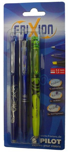 Pilot 2270B3I - Frixion Set, 1 Clicker, blau und 1 Ball, blau und 1 Textmarker, gelb