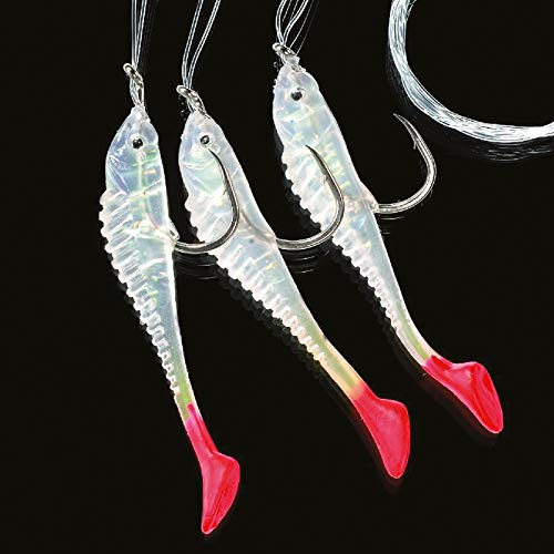 DEGA - 3er Gummifisch-Vorfach mit Reflexfolie, aus 3 Gummifischen, DREI Farben, Schnur 0,80mm, Hakengröße 7/0