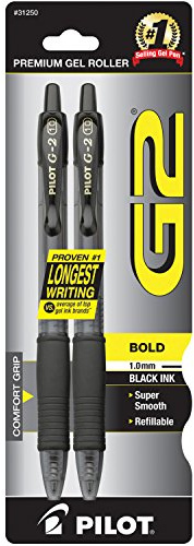 Pilot G2 Premium Refillable & Retractable Rolling Ball Gel Pens, Bold Point, Bold Gel Pens, 1.0 mm, Black Ink, 2-Pack