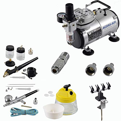 Agora-Tec® Airbrush Komplett-Set EXPERT V.1, inkl. Kompressor mit 4 bar & 20l/min + 2 Airbrushpistolen mit 0,2 & 0,3 & 0,5 & 0,8mm Nadeln/Düsen + 2 Schnellkupplungen + 4-fach Halter + Clean-Pot + 1 Schlauch + Adapter