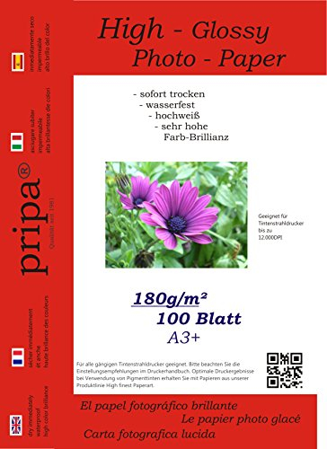 pripa - A3+ - 100 Blatt Fotopapier Photopapier DIN - A 3 + - 180g/qm - glossy glaenzend - sofort trocken - wasserfest - hochweiß - sehr hohe Farbbrillianz fuer InkJet – Tinten - Drucker