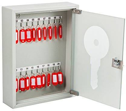 OfficeForce Schlüsselkasten Glas weiß für 20 Schlüssel – Abschließbarer Schlüsselschrank aus Metall mit Glastür 27x35x8 cm, inkl. Schlüsselanhänger & nummerierter Hakenleiste für Büro & Fuhrpark