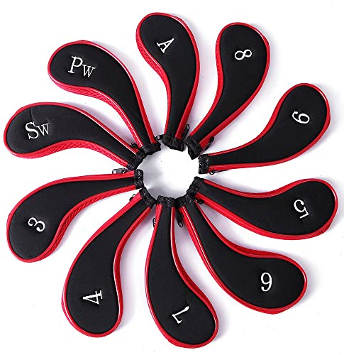 MamimamiH 10pcs Golf Long Neck Iron Zippered Head Covers Headcover Fit All Brands Titleist, Callaway, Ping, Taylormade, Cobra, Etc 3-Sw (Red/Black)