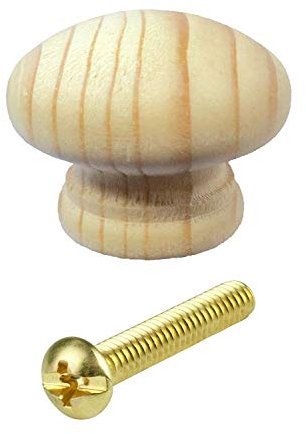 Merriway BH02560 (4 Pcs) Unlacquered Pine Wooden Cupboard Cabinet Door Knob, 25mm (1 inch) with Bolt and Insert - Pack of 4 Pieces