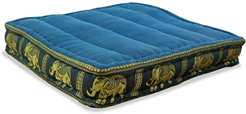 livasia Sitzkissen Boden Thaiseide - 50x50x10cm - Bodenkissen Indoor/Outdoor, Meditationskissen Yogakissen, Stuhlauflage Palettenmöbel, Steppkissen Bank handgefertigt (Hellblau/Elefanten Seide)